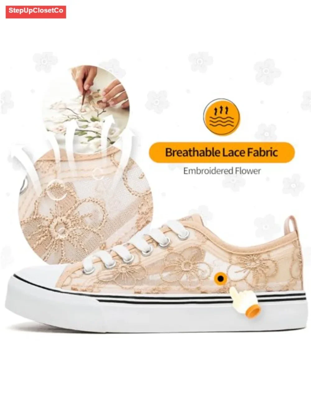 Women's Low-Top Lace-Up Mesh Canvas Sneakers with Embroidery Floral Design